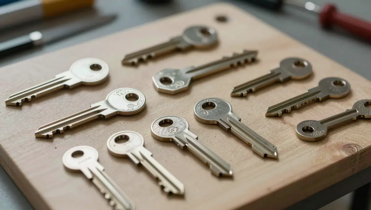 Verschiedene Schlüsseltypen nebeneinander auf einem Holzbrett