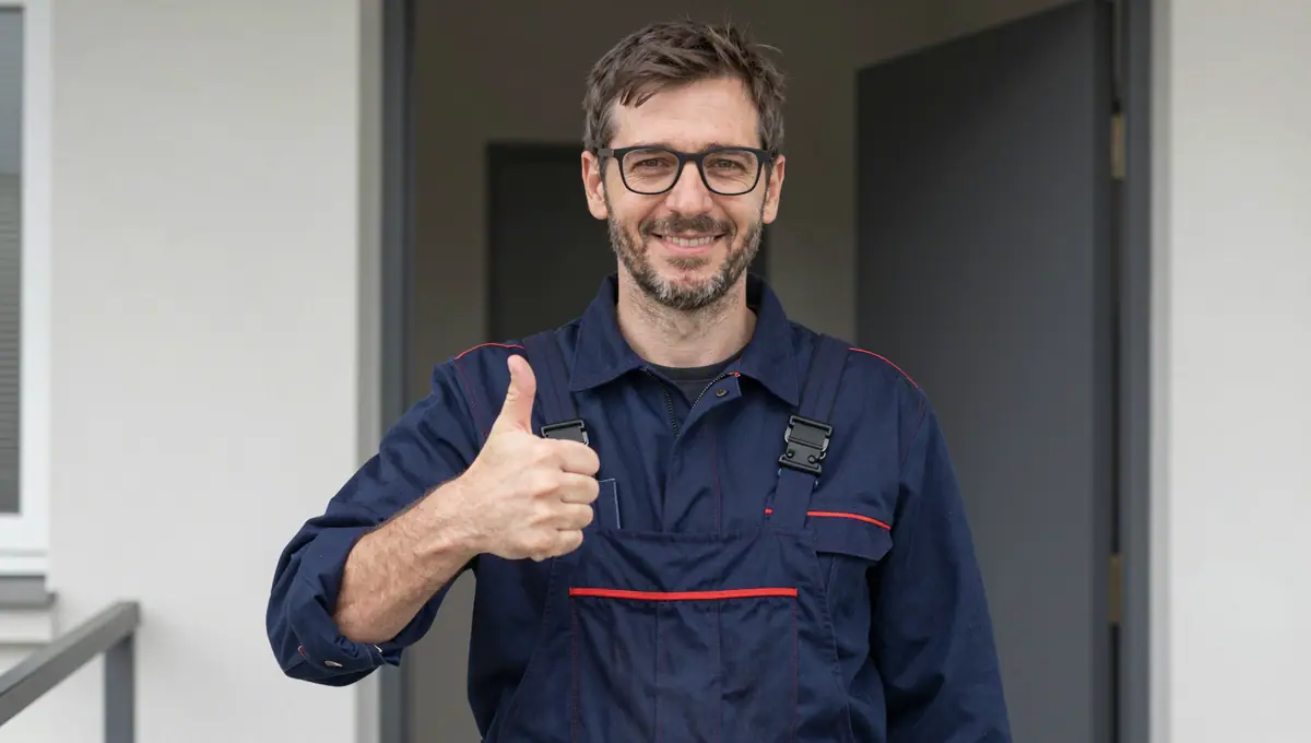 Monteur mit Brille im Arbeitshemd hebt den Daumen