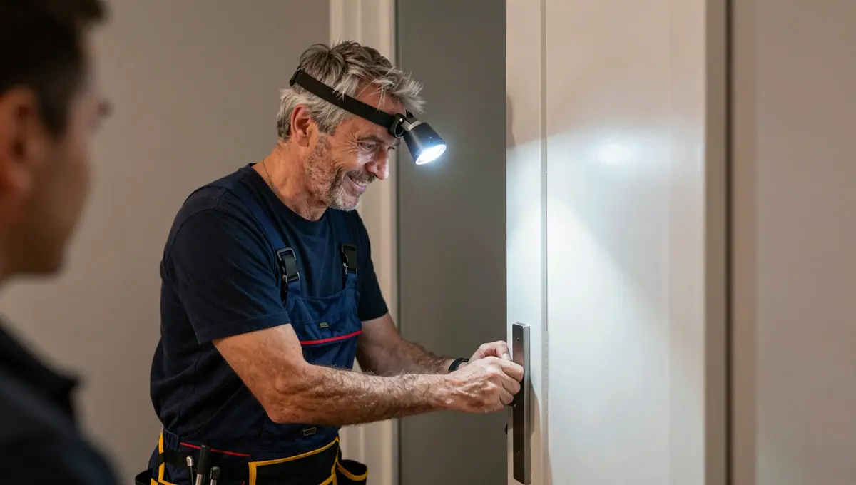 Monteur arbeitet mit Stirnlampe am Türschloss, Kunde wartet daneben