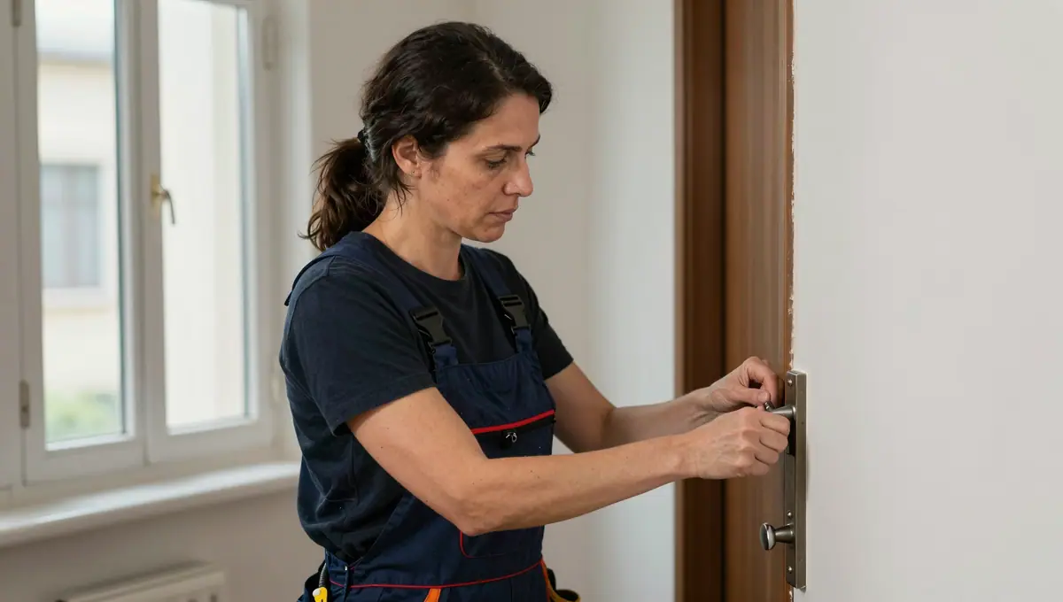 Monteurin arbeitet am Schloss einer alten Holztür im Treppenhaus