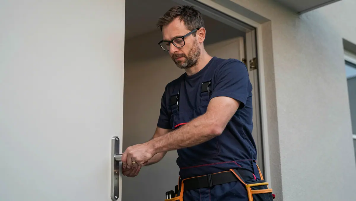 Monteur mit Brille arbeitet am Griff einer hellen Hauseingangstür