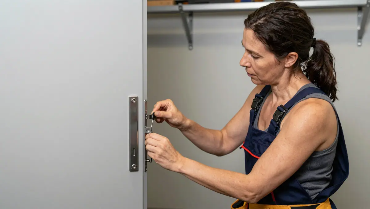Monteurin arbeitet am langen Türschild einer weißen Tür