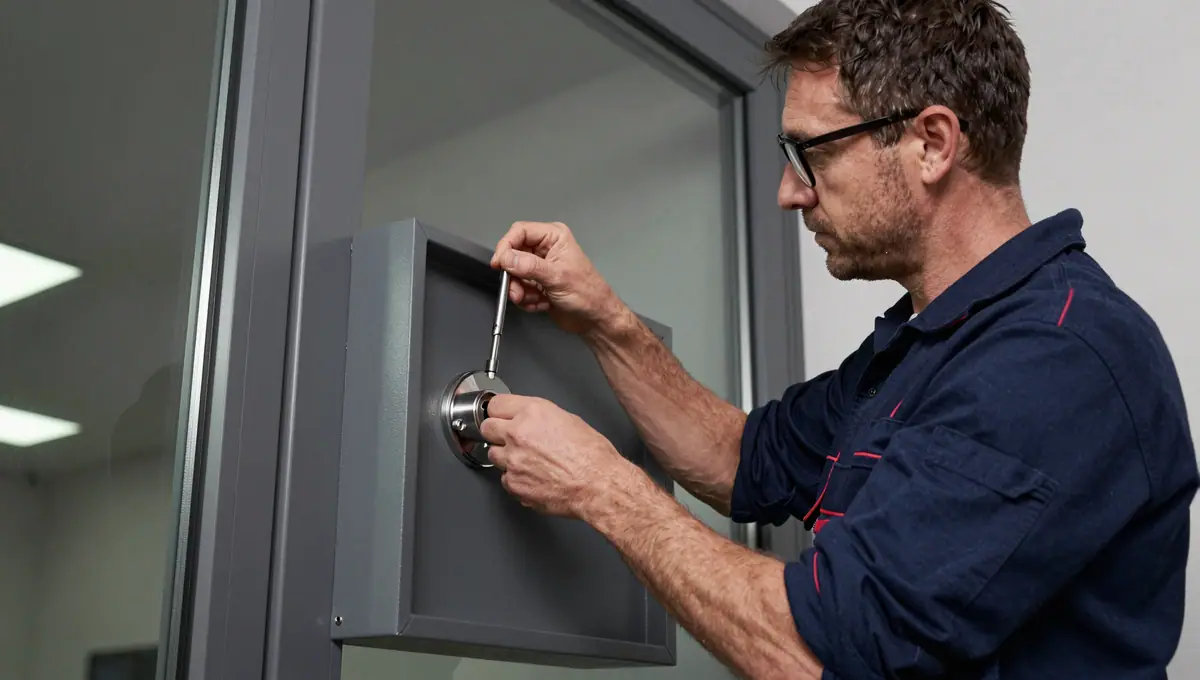 Monteur mit Brille arbeitet am Schloss einer grauen Metalltür