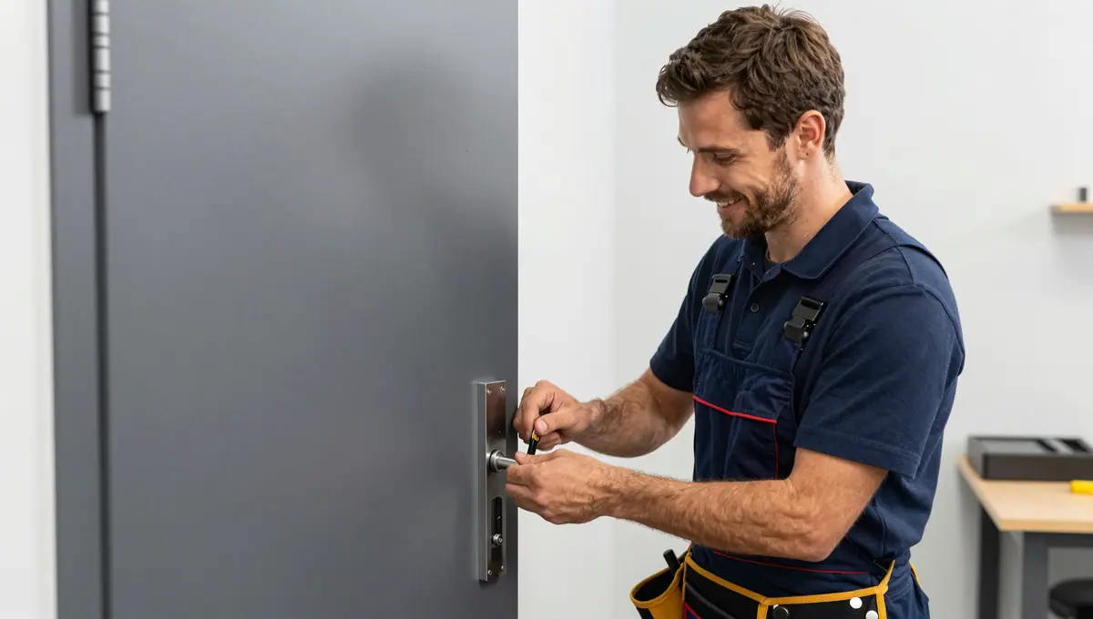 Monteur arbeitet am Schließzylinder einer Wohnungstür
