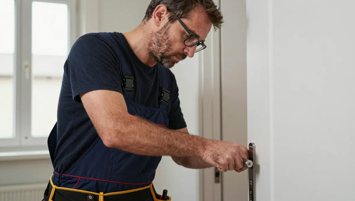 Monteur mit Brille arbeitet am Türgriff einer hellen Wohnungstür