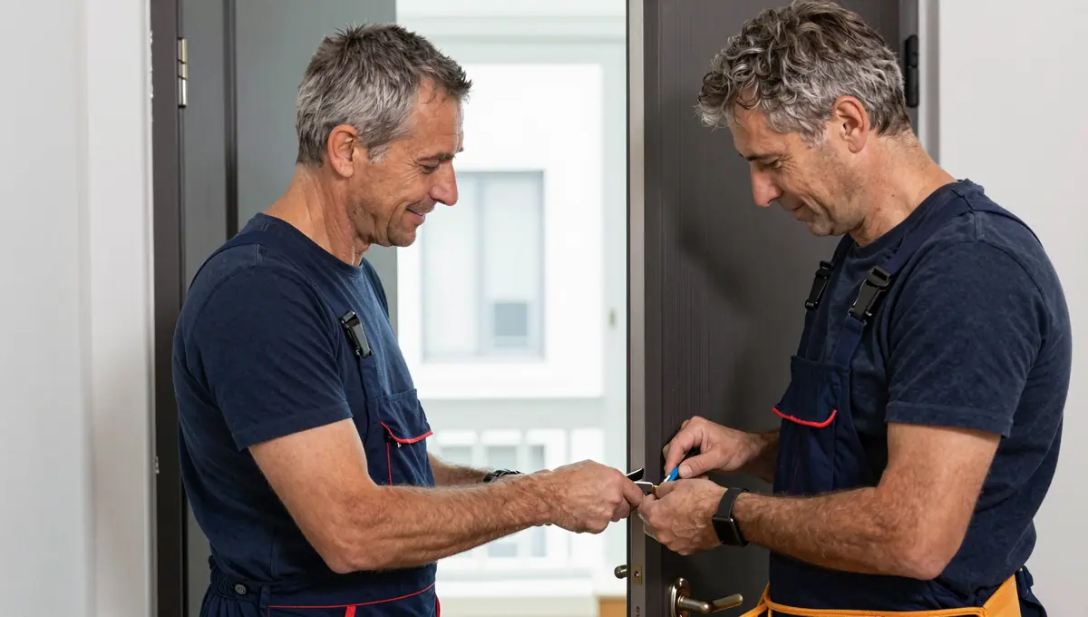 Zwei Monteure arbeiten gemeinsam am Schloss einer Tür