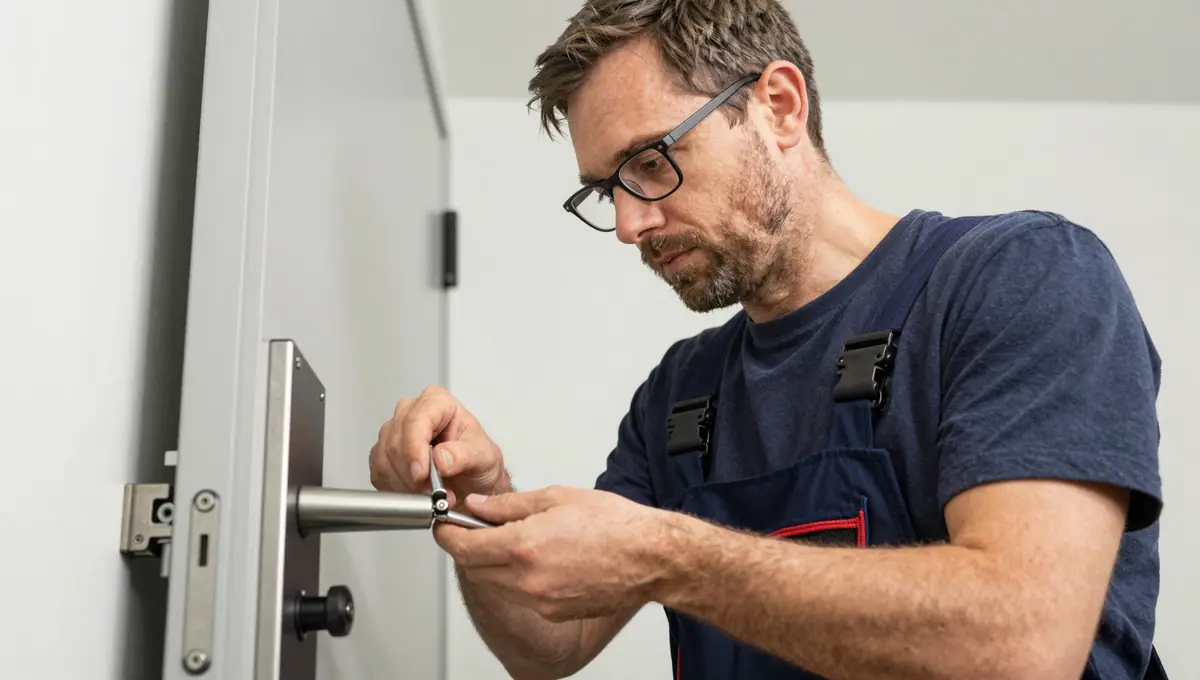 Monteur mit Brille prüft den Schließzylinder einer Wohnungstür aus der Nähe